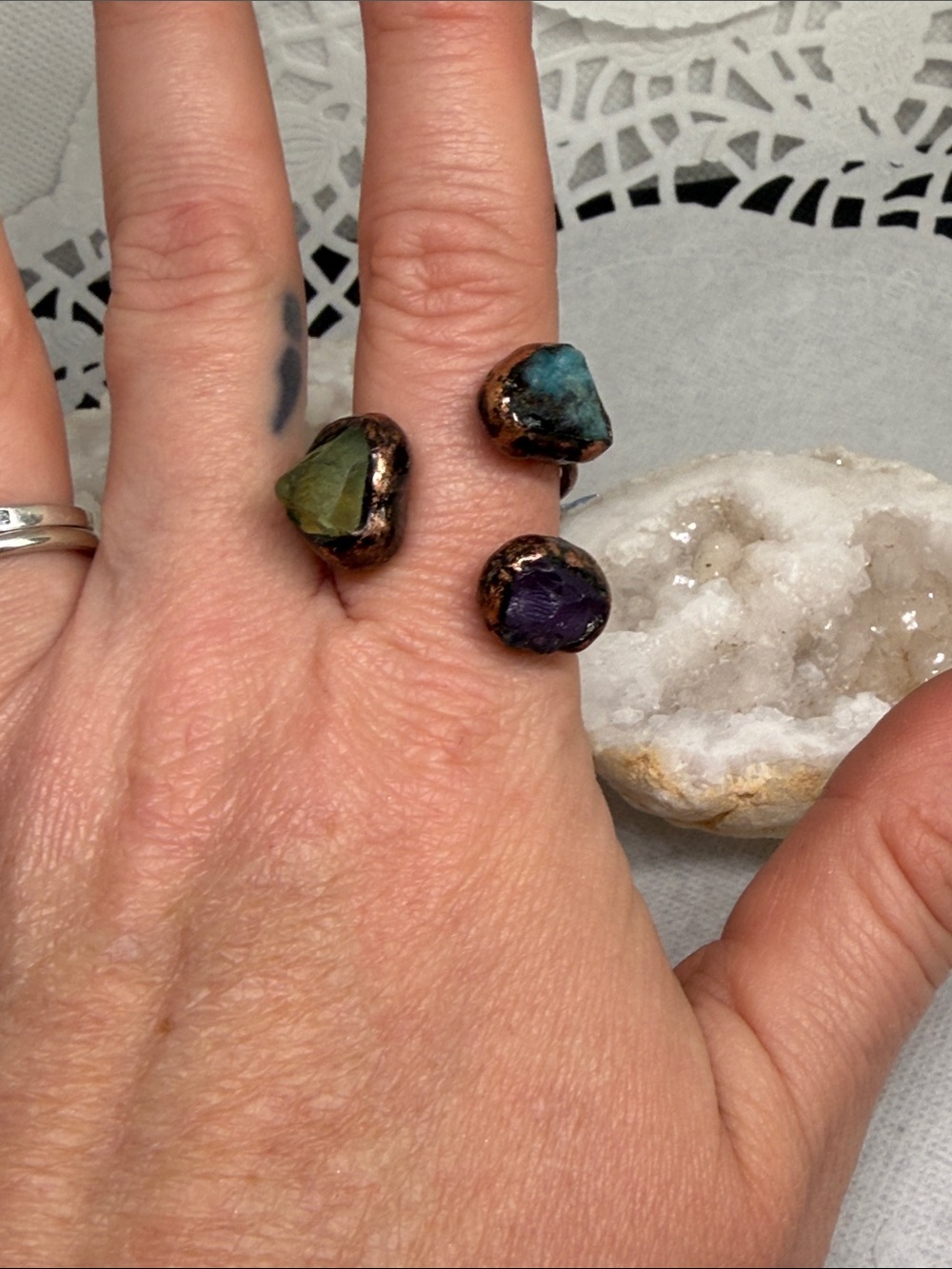 Handmade Raw Crystal Adjustable Ring Amethyst Fluorite Apatite Antique Brass